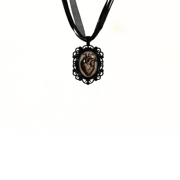 Anatomical Heart Gothic Necklace – Red & Sepia Cameo - Picture 3 of 4